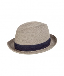 Stylish hat in fine, sand-colored woven viscose - A modern spin on the classic Trilby - Chic contrast navy trim - An elegant, go-to accessory this season and an indispensable warm weather must - Pair with button downs, t-shirts and Bermudas or linen pants