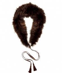 Add a luxe accent to any look with this raccoon fur shawl collar from Just Cavalli - Lush brown fur with tie closure - Style with a menswear-styled coat or at the neckline of a cocktail frock