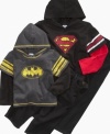 Supercool for your superhero: Warner Brothers Kids' two-piece set pairs jeans-style pants with a layered-look hoodie tee featuring a vintage-look emblem and striped armbands.