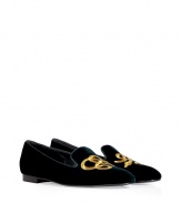 Give your daytime looks an infusion of rich color with Ralph Lauren Collections ultra sleek slipper-style loafers, a timeless classic take on this must-have silhouette - Almond toe, gold-toned serpent embroidery, tonal grosgrain trim - Slips on - Wear with everything from cashmere pullovers and jeans to tailored wool skirts and silk blouses