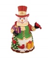 Wearing a gold-trimmed vest and top hat, the Regal Snowman cookie jar from Christopher Radko shines with incredible detail. Christmas-red cardinals, winter foliage and gifts galore will make him a favorite part of any holiday home.