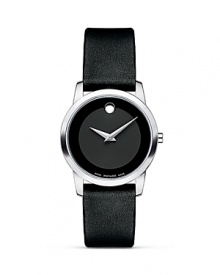 Women's Movado Museum Classic® watch in solid stainless steel with black Museum dial and black leather strap.