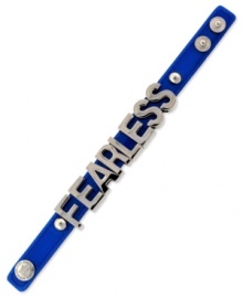 Fearless fashion. A bold neon blue PVC bracelet from BCBGeneration with silver tone mixed metal letters and snaps. Approximate length: 8 inches.