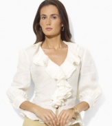 Cascading ruffles and a flouncy peplum hem accent Lauren by Ralph Lauren's breezy blouse in breathable linen for a vintage-inspired look.