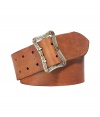 Stylish belt in brown, washed leather - In trendy vintage look - Very high quality and fine craftsmanship - Medium wide with a rodeo inspired buckle - Cool and contemporary - Works as a harmonious complement to jeans - or as a sexy accent, for example, over a long cardigan or shirtwaist dress