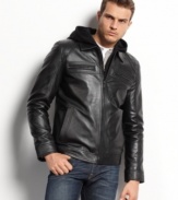 On the edge. Add some rebelliousness to your everyday style with this leather motorcycle jacket from Guess.