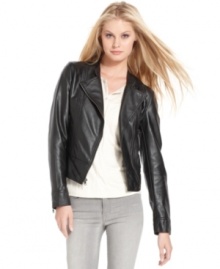 Calvin Klein Jeans' faux-leather petite moto jacket is stylishly versatile! Wear this slim-fit topper with jeans, dresses and more!