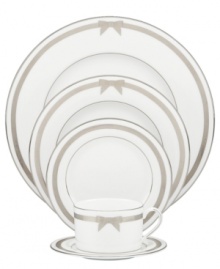 A gift to formal dining from kate spade new york, the Grace Avenue place setting offers a chic balance of fun and refined in platinum-banded bone china. Sweet grosgrain ribbons put the preppy, finishing touch on dinnerware destined for stylish tables.