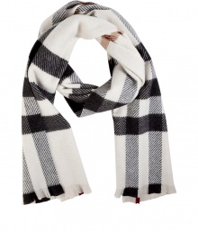 Wrap yourself up in classic style with this luxe cashmere-merino check scarf from Burberry London - Easy to style length, allover classic check print, frayed edges - Wear with a cashmere pullover, a wool cape, and over-the-knee boots