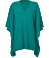 Instantly elevate off duty looks with this luxe aquamarine cashmere cape from Michael Kors - Easy, gently draped silhouette - Fashionable poncho style features a flattering v-neck,  pointed, asymmetric hems and butterfly-cut arm holes - Pair with skinny denim, cigarette pants or pencil skirts and ballet flats or ankle booties