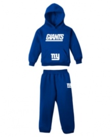 He's not quite ready for the gridiron but he can look that way with this hoodie and pants fleece set from NFL with your favorite teams logo!