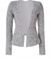 Chic jacket in fine, linen, cotton and synthetic fiber blend - An elegant fusion of a classic blazer and a cardigan in a soft, summer-weight blue and white mottled knit - Slim cut open style, with long, fitted sleeves and two from pockets - Jacket hangs longer in the front and crops at hips in the back - Pair with wide-leg trousers, skinny denim or a pencil skirt