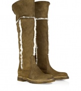 Up the style quotient of your cold weather look with these rugged-luxe shearling boots from Rossano Bisconti - Round toe, chunky sole and low block heel, supple suede, over-the-knee length with the option to fold-over, shearling lined - Style with skinny jeans, an oversized cashmere pullover, and a cape coat