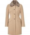 This classic camel coat from Moschino C&C gets a stylish kick with a fierce faux-fur leopard print collar - Large leopard print spread collar, front button placket, long sleeves, flap pockets at hips, tailored silhouette - Wear with a sheath dress and heels or an elevated jeans-and-tee ensemble and high heel booties