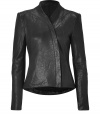 With its edgy textural lambskin, Helmut Langs soft black leather jacket radiates the brands modern-minimalist aesthetic with an ultra luxe edge - Short stand-up collar, long sleeves, off-center front zip, longer back hemline, fitted - Pair with leather leggings and studded ankle boots for a rocker-chic finish, or amp up tailored business looks with a pencil skirt and platform pumps