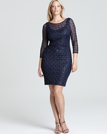 In shimmering metallic lace, this David Meister Plus dress lends endless elegance.