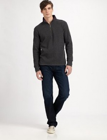 Textured cotton knit favorite with half-zip and high stand collar.Ribbed cuffs Shirttail hem 91% cotton/9% polyester Machine wash Imported