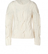 A modern take on the classic cable-knit sweater in cream merino wool-blend from Rag & Bone - Fashionable oversized 3D knit with scoop neck and voluminous, long sleeves - Fitted - Pair with skinny cropped pants and favorite boots for a chic, Downtown look