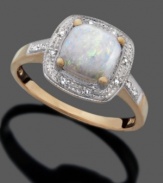 Iridescent cushion-cut opal (9/10 ct. t.w.) illuminates your look on this 14k gold ring with diamond accents.