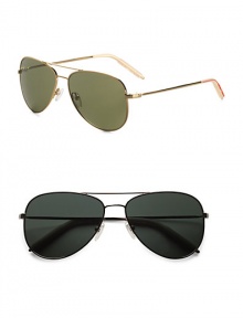 A sporty aviator design with double-bridge detail and injected silicone temple tips. Available in gold frames with mineral glass green lenses and chrome frames with mineral glass grey lenses. Metal frames 100% UV protective Imported 