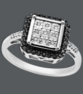 A contrasting style that's contemporary and chic. Crafted with a sterling silver band and setting, this square-shaped ring features round-cut black diamonds (1/8 ct. t.w.) and white diamond accents. Size 7.