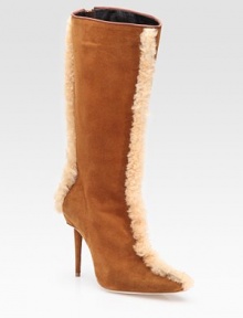 Buttery suede style with front-to-back shearling trim for a luxuriously plush look. Self-covered heel, 3 (75mm) Shaft, 13 Leg circumference, 15 Suede upper Shearling trim Leather lining Buffed leather sole Padded insole Made in ItalyOUR FIT MODEL RECOMMENDS ordering one half size up as this style runs small. 