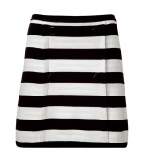 Luxe skirt in fine, cotton and nylon blend - Classically chic black and cream horizontal stripe motif - Elegant trapeze silhouette balloons gently at hem - Two rows of buttons at front - Flattering and stylish, easily dressed up or down - Pair with a t-shirt or a silky tank, a cropped blazer and platform pumps