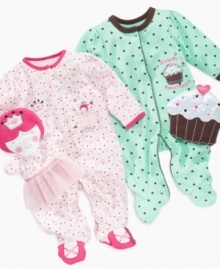 No matter if she's in the mood for a fairy tale or has a sweet tooth, one of these adorable coveralls from Little Me will satisfy her taste. Pink coverall includes a ballerina hand puppet. Green coverall includes a cupcake blanket.