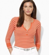 Sleek stripes and polished hardware lend a chic flourish to this Lauren by Ralph Lauren top, crafted in soft ribbed-knit cotton for essential warmth and comfort.