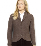 Lauren Ralph Lauren's chic shawl-collar plus size cardigan is designed in a cozy cashmere and wool herringbone for stylish heritage appeal.