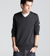 Crafted in soft merino wool, this handsome v neck sweater is accented with tonal sateen panels at the shoulder.