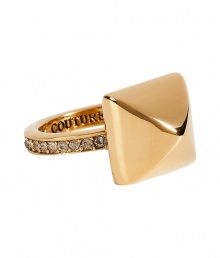 Amp up the luxe factor of your look with Juicy Coutures crystal encrusted pyramid ring - Polished gold-toned brass pyramid, white crystal encrusted band, logo engraved on the inside - Wear with everything from pullovers and jeans to cocktail dresses and heels