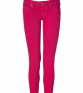 Stylish jeans in fine, fuchsia cotton stretch denim - Skinny, low rise capri cut crops mid-calf - Wide belt loops, button closure and zip fly - Pockets sit slowly lower at back, lifting and flattering the rear - Casually cool and chic, easily dressed up or down - Pair with a tunic top or oversize silk blouse and wedges, ballet flats or leather sandals