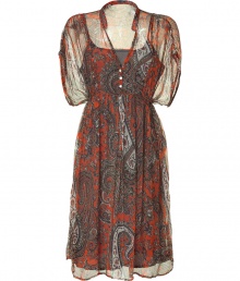 Stylish dress in fine, pure orange printed viscose - Sheer, feather weight overlay and slim grey slip - Vibrant and on-trend in a rich paisley motif - Tiny stand up collar, v-neck and wide, gathered sleeves - Skinny tie belt cinches waist just beneath chest - Breezy boho chic at its very best, seamlessly transitions from work to weekend - Pair with flat leather sandals or wedges