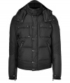 Bundle up in ultra luxe style in Belstaffs jet black quilted down jacket - Belted stand-up collar, long sleeves, zippered snapped cuffs, hidden front zip with snap panel, zippered slit and patch pockets, biker-inspired quilting at elbows and hemline, black leather accents throughout - Modern slim fit - Wear with favorite jeans and cool fashion sneakers