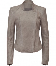 Play with proportions with this fitted and cropped sleek leather jacket from Helmut Lang - Cut out stand collar, asymmetrical zip closure, stitch detailed shoulder, paneled sleeves, zip detailed cuffs, high-low asymmetrical hem - Style with a draped mini dress, platform pumps, and a studded clutch