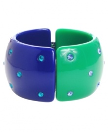 Color blocking is a trend you'll want to get in on. Haskell's chic style combines a bright blue and green design with sparkling blue crystals. Crafted in acrylic with an enamel overlay and a mixed metal hinge closure. Approximate diameter: 2-1/2 inches.