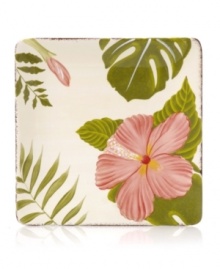 Feel like you're on holiday with Clay Art's tropical Hibiscus salad plates, featuring rosy pink blooms and a rustic cocoa-brown rim in dishwasher-safe earthenware.