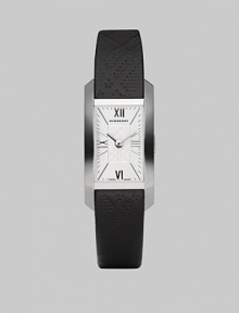 A classic rectangular design with subtle, tonal check details.Swiss quartz movement Water resistant to 3 ATM Stainless steel rectangular case, 20mm x 26mm, (.78 x 1.02) Silver sunray dial Roman numeral and index hour markers Check embossed strap, 14mm, (0.55) Deployment buckle Made in Switzerland 