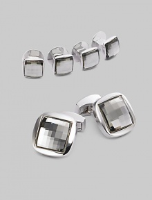 A luxury set that appoints a formal look with polished style, defined by Swarovski crystal detail in rhodium-plated metal. Set includes 2 cuff links and 4 matching shirt studs Cuff links: about ¾ square Shirt studs: about ¼ square Imported 