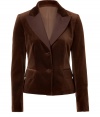 Luxurious blazer in fine, brown cotton velvet - Wonderfully soft and flattering - This blazer looks ladylike and posh, makes an elegantly restrained impression - It is beautifully fitted and cut close to the body with wide lapels, flap pockets, two button front and narrow sleeves - It is excellent for the office or elegant day occasions - Combine with a pencil skirt, wide pants or jeans - A basic top that is classic and timeless, an investment for eternity