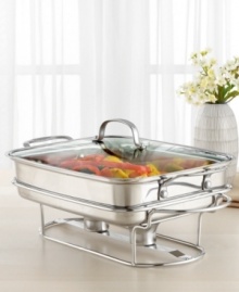 Now that's entertaining! Elegant and modern, this sleek buffet server lets guests help themselves, keeping food warm with 18/10 stainless steel construction and an aluminum-encapsulated bottom for fast and even heat distribution. Bring the pan directly from the oven or stovetop to buffet for a fresh, beautiful culinary display. Limited lifetime warranty.