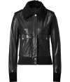 Super stylish black aviator bomber jacket from McQ Alexander McQueen - This feminine take on the classic leather bomber is sexy and on-trend - Modern slim and cropped fit with shearling collar and flap pockets - Wear with a mini-dress, opaque tights, and over-the-knee boots - Style with skinny jeans, a crop-top, and platforms