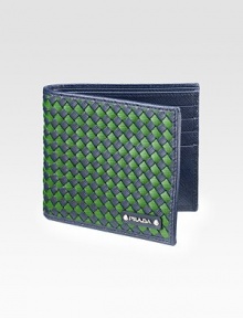 A bi-fold design in woven saffiano leather. Metal logo accent Two bill compartments Eight card slots Fully lining 4¼W X 3¾H Made in Italy 