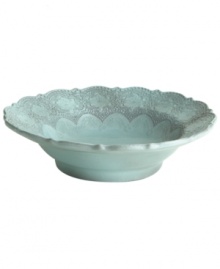 Handcrafted in the Italian tradition, the Merletto serving bowl is intricately embellished with a lacy floral texture and painted a serene aqua hue. An elegant companion to Arte Italica dinnerware.