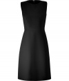 This classic A-line dress in black wool is a wardrobe must-have - Flattering with clean, simple lines and a comfortable, soft quality - Narrow with a feminine silhouette - Crew neckline, sleeveless, two front pockets and slightly flared, knee-length skirt - Elegant and versatile - Favorite dress for the office and after work - Pair with a colorful cashmere cardigan or blazer, and heels