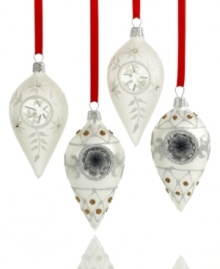 Go with the snow. Drop ornaments featuring glittery accents and sparkling reflectors capture the natural wonder of the season in frosted glass. By Kurt Adler.