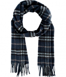 Finish your look on an iconic note with Burberry Londons check scarf, detailed in brushed cashmere for luxuriously cozy results - Fringing at both ends - Wear inside over bright knit sweaters, or outdoors over classic coats with leather gloves