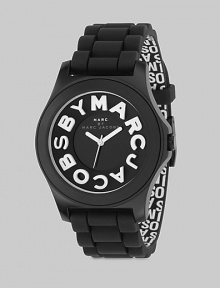 A sporty timepiece with logo details and silicone strap.Quartz movement Water resistant to 3 ATM Round stainless steel case, 40mm, (1.57) Black dial Logo hour markers along outer concave ring Second hand Silicone strap with interior jumbled logo print, 20mm, (.78) Buckle closure Imported 