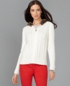 Snuggle into this cardi from Tommy Hilfiger. A hood with faux fur trim and cable knit are essential wintertime details.